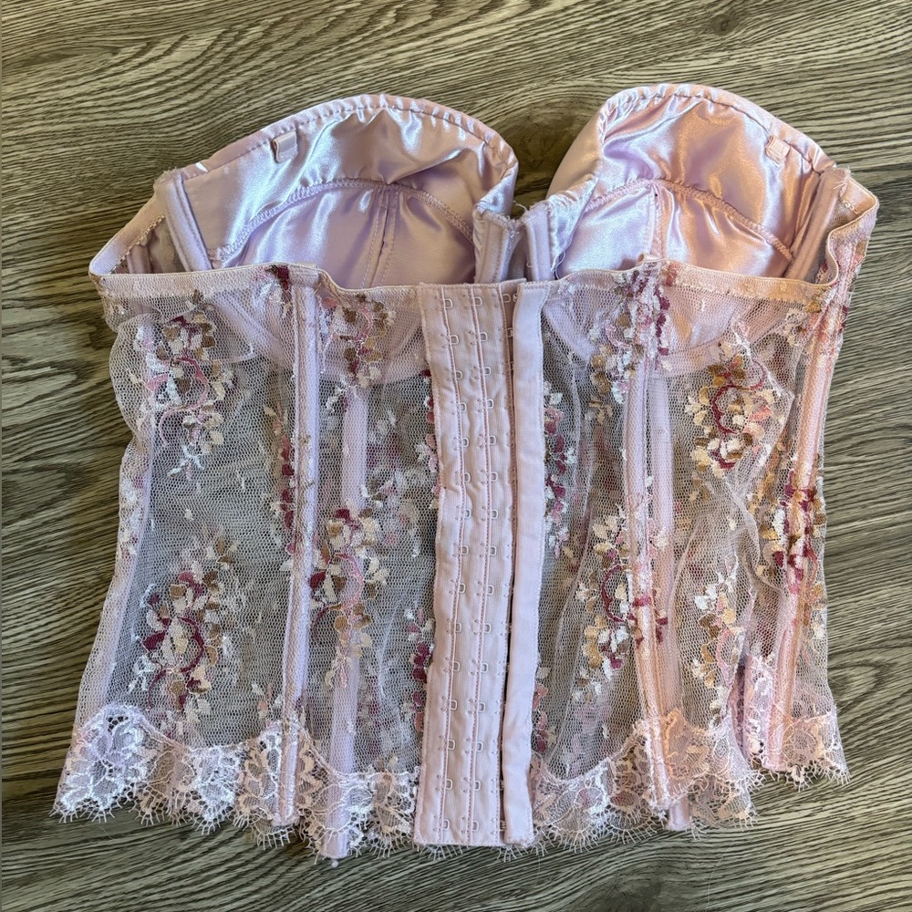 Lavender Purple Lace Floral Sheer Bustier Corset Strapless Top - Picture 2 of 2